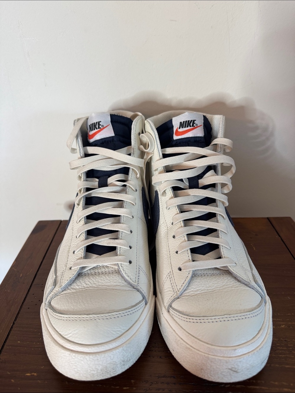 Nike Men’s High-Top Sneakers in White, Navy and Red Swoosh